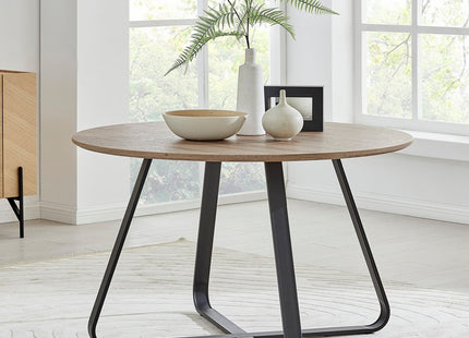 Santorini - Modern Brown Wood Effect Round Dining Table & 4 Hilton Grey Dining Chairs