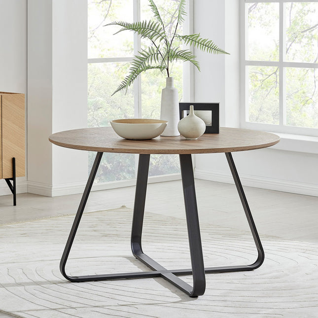 Santorini - Modern Brown Wood Effect Round Dining Table & 4 Hilton Grey Dining Chairs