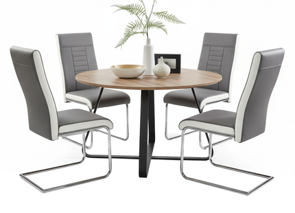 Santorini - Modern Brown Wood Effect Round Dining Table & 4 Grey Finbar Dining Chairs