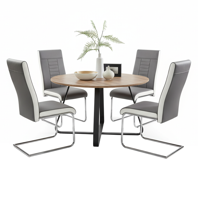 Santorini - Modern Brown Wood Effect Round Dining Table & 4 Grey Finbar Dining Chairs