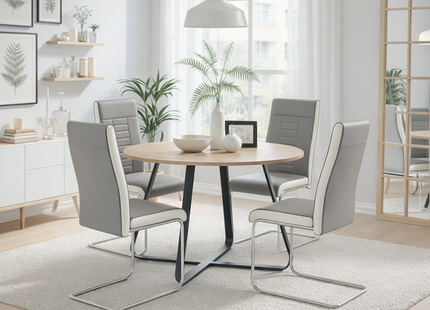 Santorini - Modern Brown Wood Effect Round Dining Table & 4 Grey Finbar Dining Chairs