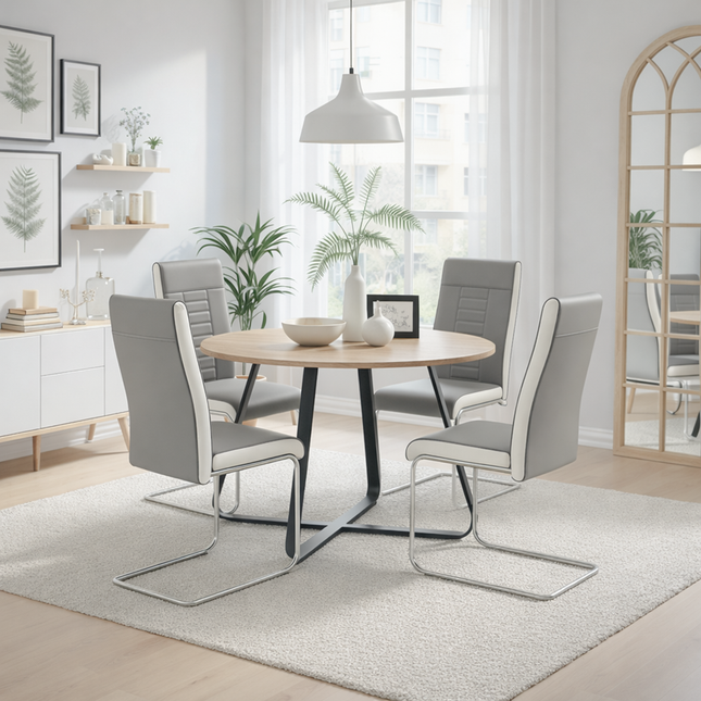 Santorini - Modern Brown Wood Effect Round Dining Table & 4 Grey Finbar Dining Chairs