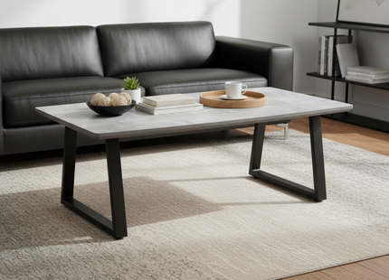 Modern living room with a gray sofa, coffee table, and decor items.