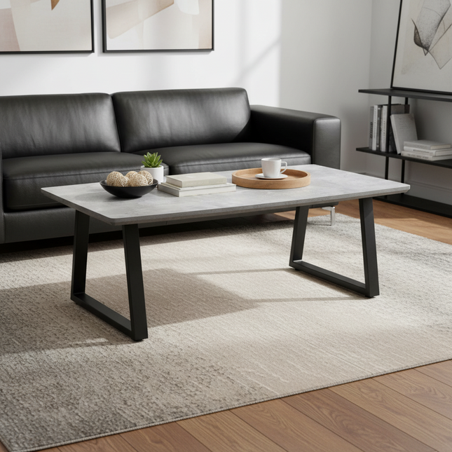 Modern living room with a gray sofa, coffee table, and decor items.