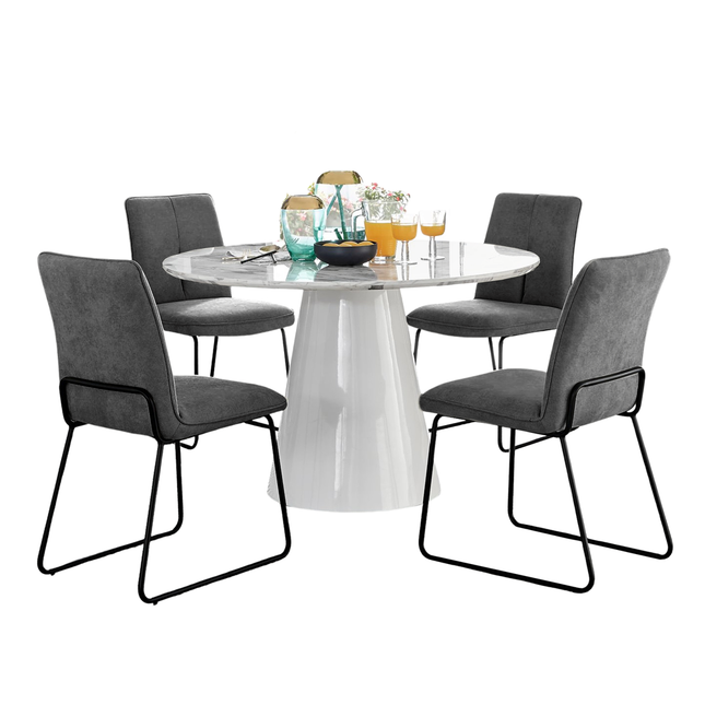 Storm - Marble Effect Round Dining Table & 4 Halle Charcoal Fabric Dining Chairs
