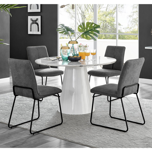 Storm - Marble Effect Round Dining Table & 4 Halle Charcoal Fabric Dining Chairs