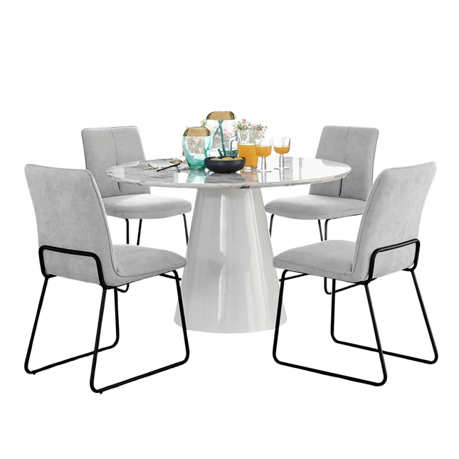 Storm - Marble Effect Round Dining Table & 4 Halle Light Grey Fabric Dining Chairs