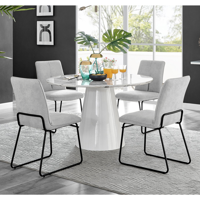 Storm - Marble Effect Round Dining Table & 4 Halle Light Grey Fabric Dining Chairs