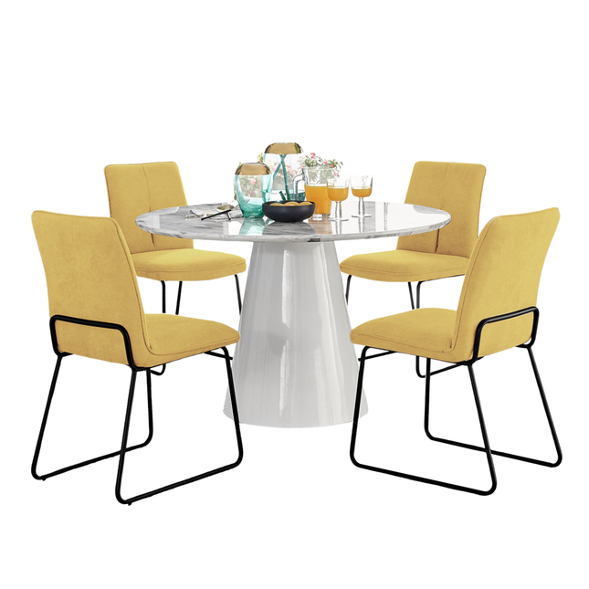 Storm - Marble Effect Round Dining Table & 4 Halle Mustard Fabric Dining Chairs