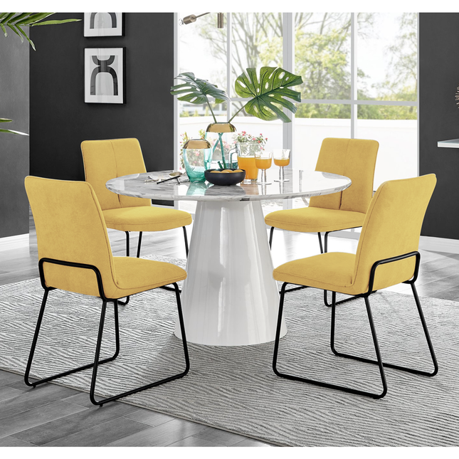 Storm - Marble Effect Round Dining Table & 4 Halle Mustard Fabric Dining Chairs