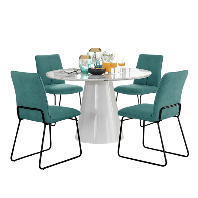 Storm - Marble Effect Round Dining Table & 4 Halle Turquoise Fabric Dining Chairs