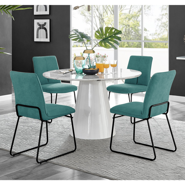 Storm - Marble Effect Round Dining Table & 4 Halle Turquoise Fabric Dining Chairs