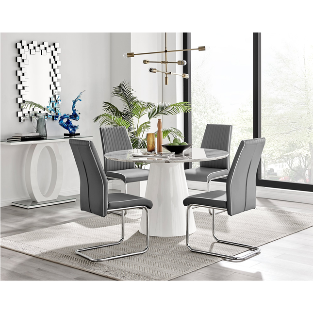 Storm - Marble Effect Round Dining Table & 4 Grey Elba Chairs