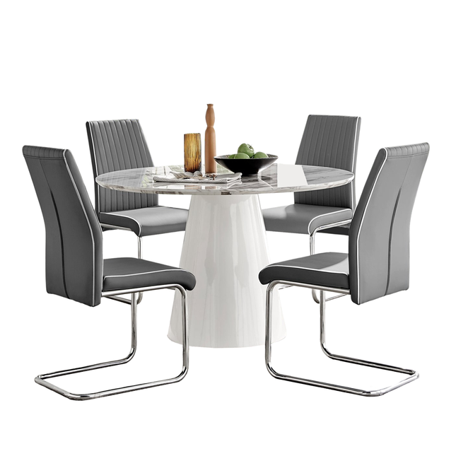 Storm - Marble Effect Round Dining Table & 4 Grey Elba Chairs