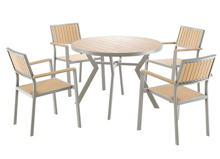 Tanya Bistro Set – Modern garden furniture set featuring a round table and four matching chairs. Combines light wood and metal elements, perfect for outdoor dining or relaxation