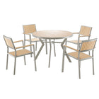 Tanya Bistro Set – Modern garden furniture set featuring a round table and four matching chairs. Combines light wood and metal elements, perfect for outdoor dining or relaxation