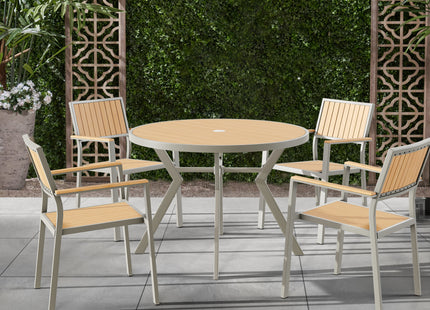 Tanya Bistro Set – Modern garden furniture set featuring a round table and four matching chairs, showcased in a stylish outdoor setting. Combines light wood and metal elements, perfect for outdoor dining or relaxation