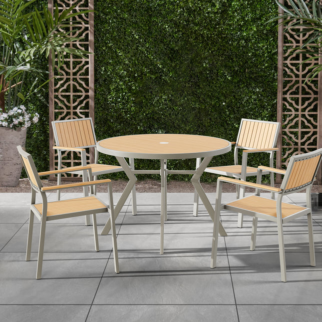 Tanya Bistro Set – Modern garden furniture set featuring a round table and four matching chairs, showcased in a stylish outdoor setting. Combines light wood and metal elements, perfect for outdoor dining or relaxation