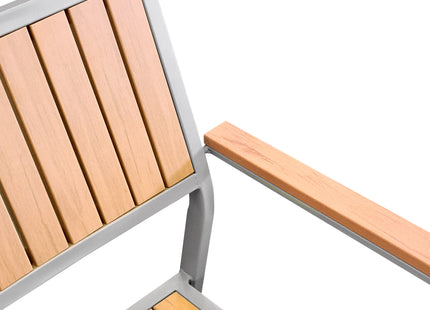 Tanya Bistro Set – Side view of the chair, highlighting the light wood and metal elements that characterize this modern garden furniture set. Perfect for outdoor dining or relaxation, the design emphasizes both style and durability