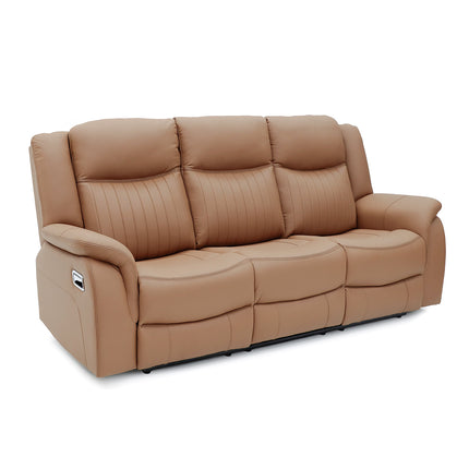 A three-seat power reclining sofa upholstered in smooth tan leather, shown from a three-quarter angle against a plain white background.