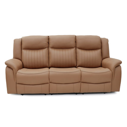 A three-seat power reclining sofa upholstered in smooth tan leather, shown from a front-facing angle against a plain white background.