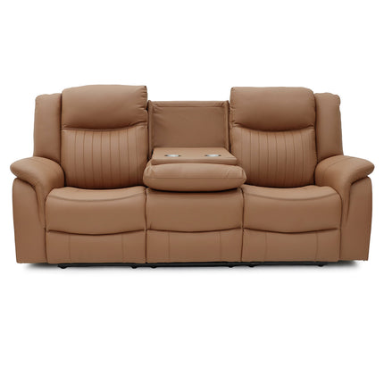 A three-seat reclining sofa in tan leather with a center console table featuring two cup holders, shown against a plain white background.