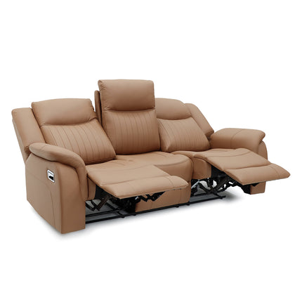 A three-seat reclining leather sofa in tan brown, shown with the center and right seats extended on a clean white background.