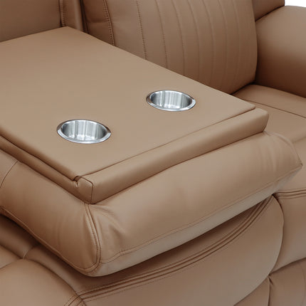 Close-up of a tan leather recliner armrest with two stainless steel cup holders on top, set against matching leather seating.