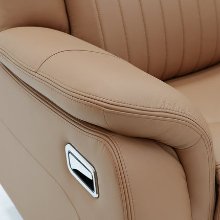 Close-up of a beige leather recliner chair showing the padded armrest, stitched upholstery, and a small silver control handle on the side.