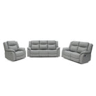 A three-piece grey reclining living room furniture set consisting of a loveseat, a sofa, and a recliner, shown against a plain white background.