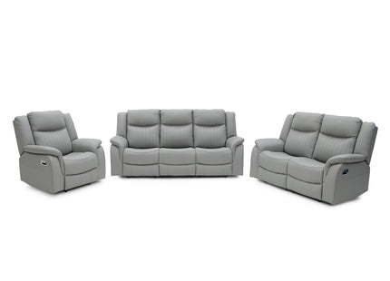 A three-piece grey reclining living room furniture set consisting of a loveseat, a sofa, and a recliner, shown against a plain white background.