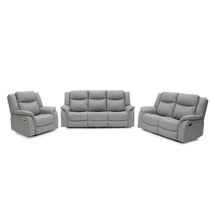 A three-piece grey reclining living room furniture set consisting of a loveseat, a sofa, and a recliner, shown against a plain white background.
