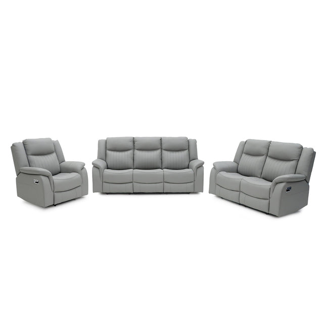 A three-piece grey reclining living room furniture set consisting of a loveseat, a sofa, and a recliner, shown against a plain white background.