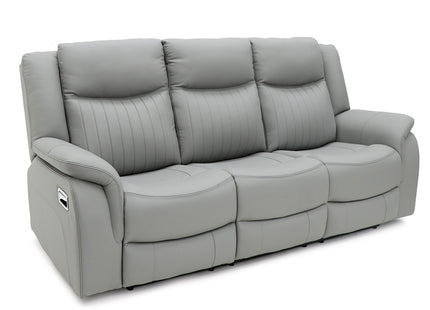 A grey three-seat reclining sofa with padded back cushions, ribbed side bolsters, and a small side control panel, shown on a plain white background.