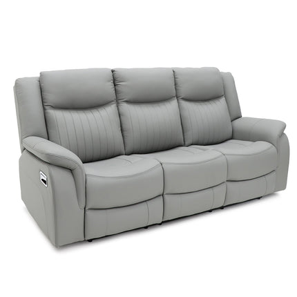 A grey three-seat reclining sofa with padded back cushions, ribbed side bolsters, and a small side control panel, shown on a plain white background.