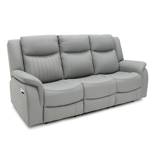 A grey three-seat reclining sofa with padded back cushions, ribbed side bolsters, and a small side control panel, shown on a plain white background.