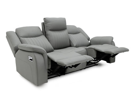 A grey three-seat recliner sofa with two extended footrests, shown on a clean white background.