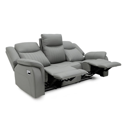 A grey three-seat recliner sofa with two extended footrests, shown on a clean white background.