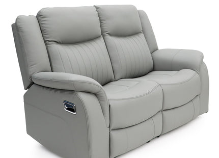 A light grey two-seater power reclining loveseat with padded armrests and a visible control panel on the outer arm, photographed on a clean white background.