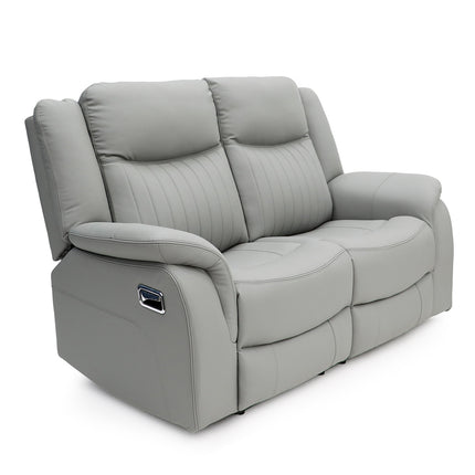 A light grey two-seater power reclining loveseat with padded armrests and a visible control panel on the outer arm, photographed on a clean white background.