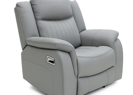 A modern grey upholstered recliner chair with padded arms, a high backrest, and a side control panel, shown on a plain white background.