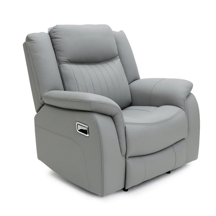 A modern grey upholstered recliner chair with padded arms, a high backrest, and a side control panel, shown on a plain white background.