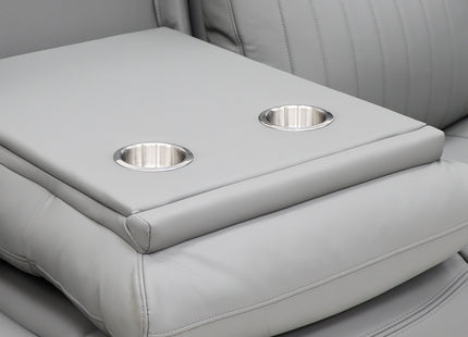 A light grey leather recliner armrest console with two integrated stainless steel cup holders, shown on a matching gray seat cushion.