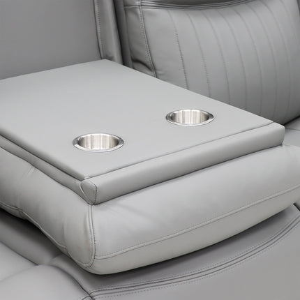 A light grey leather recliner armrest console with two integrated stainless steel cup holders, shown on a matching gray seat cushion.