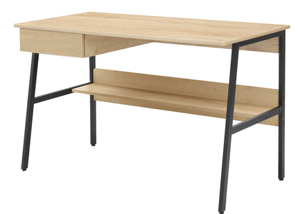 A light oak study desk with a drawer and a shelf, featuring a black metal base and legs.