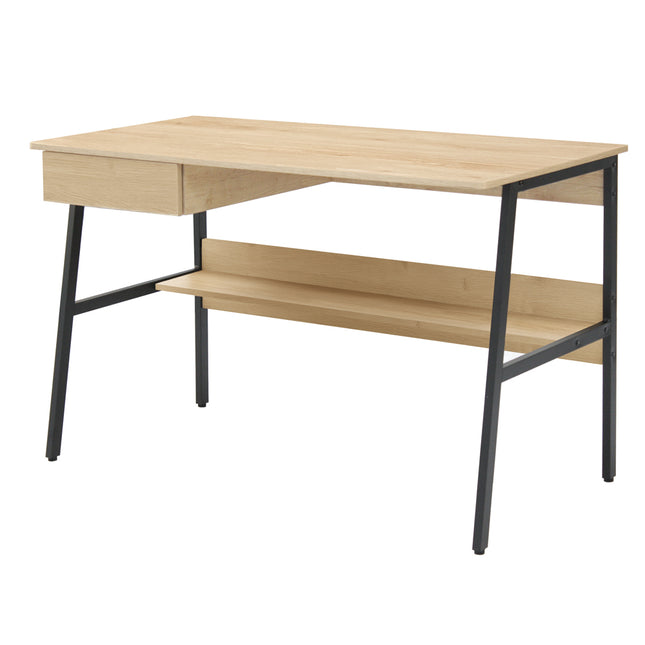 A light oak study desk with a drawer and a shelf, featuring a black metal base and legs.