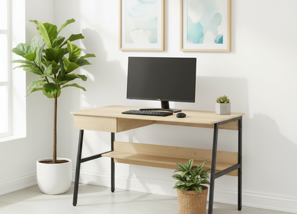 Modern home office with a wooden desk, computer setup, and decorative plants.