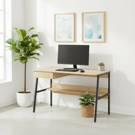 Modern home office with a wooden desk, computer setup, and decorative plants.