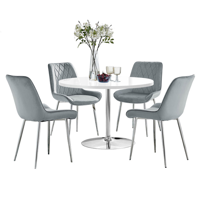 Jumbo Chrome Pod - High Gloss White Dining Table & 4 Maya Grey Velvet Chrome Leg Luxury Dining Chair