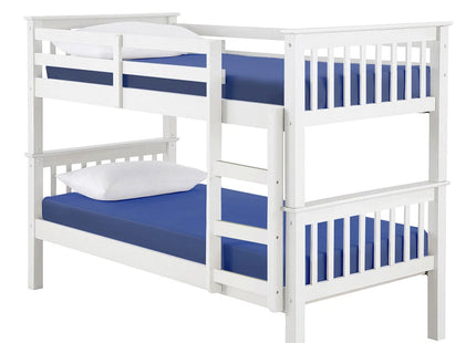 Oxford white wooden bunk bed with safety railings and sturdy ladder, featuring navy blue fitted sheets on both upper and lower twin-sized mattresses. Ideal for children's bedrooms or guest rooms, emphasizing space-saving design and contemporary style